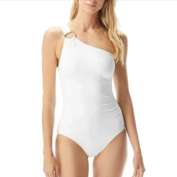 White‎ One Shoulder Ring Detail Swimsuit Modern Classic Chic Summer - Size 8 - Picture 1 of 4